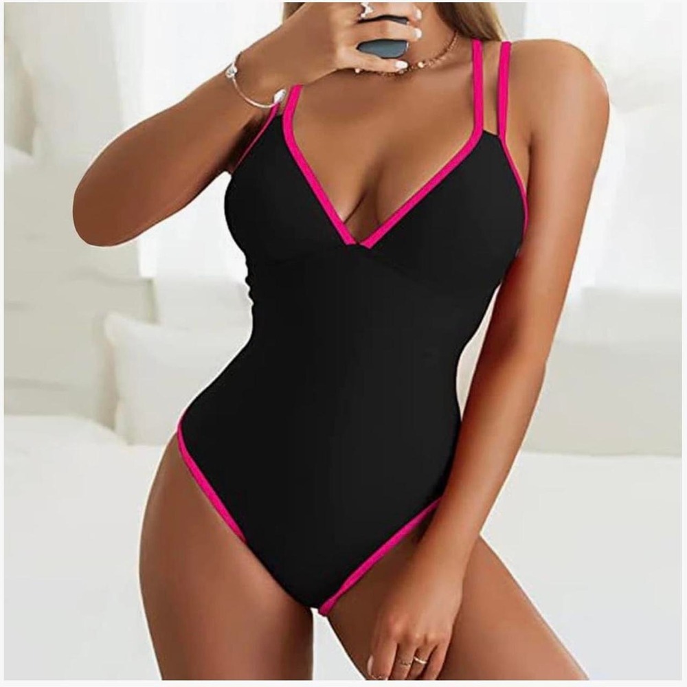 B2PRITY Womens Black Hot Pink Trim V-Neck One Piece Swimsuit Size L NWT